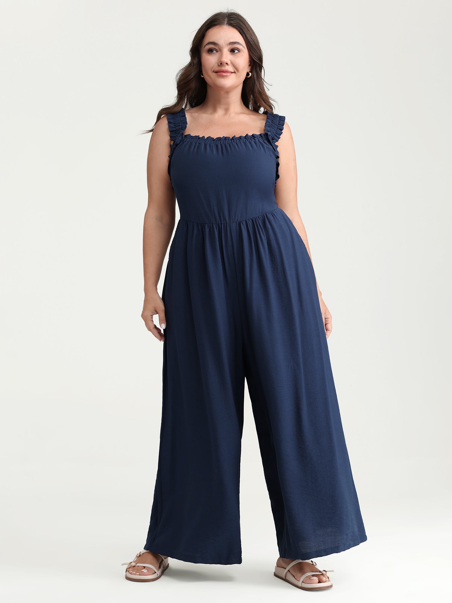 Shirred Wide-Straps Wide-Leg Jumpsuit
