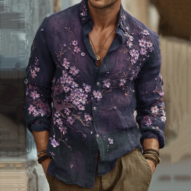 Men's Vintage Japanese Sakura Embroidered Art Lapel Long Sleeve Linen Shirt