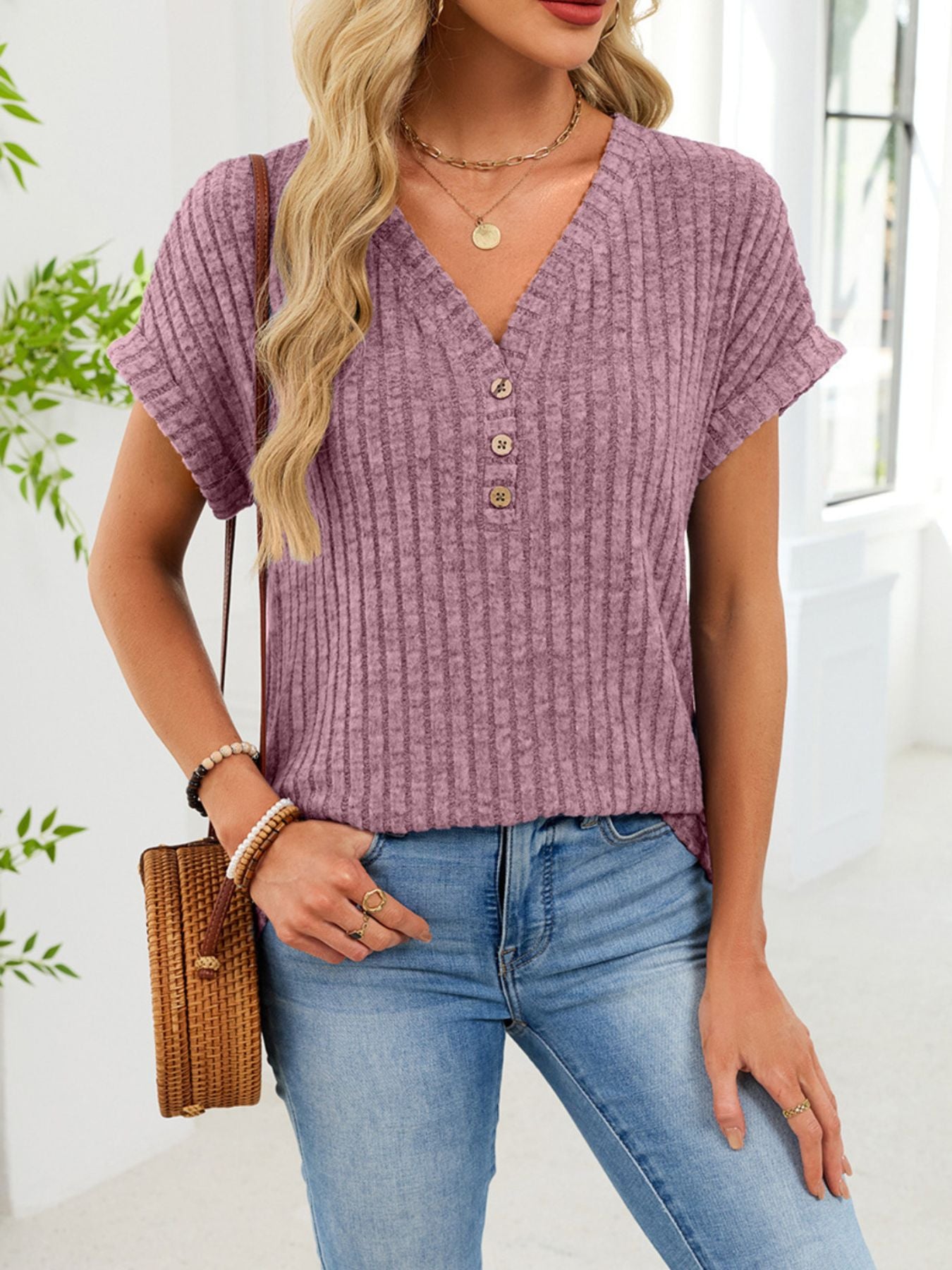 Ribbed Knit V-Neck T-Shirt