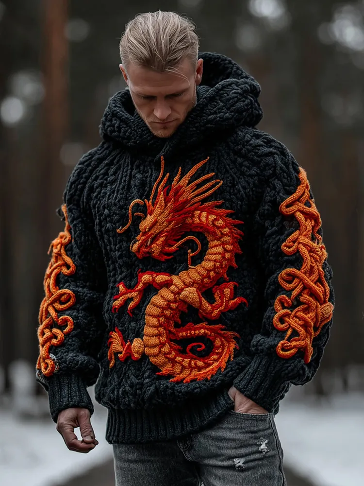 Men's Viking Celtic Dragon Art Thick Knit Hoodie