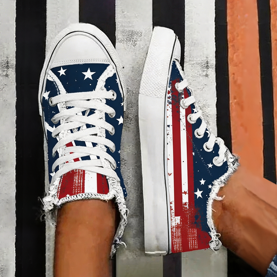 Women's Asymmetrical American Flag Print Fringe Sneakers