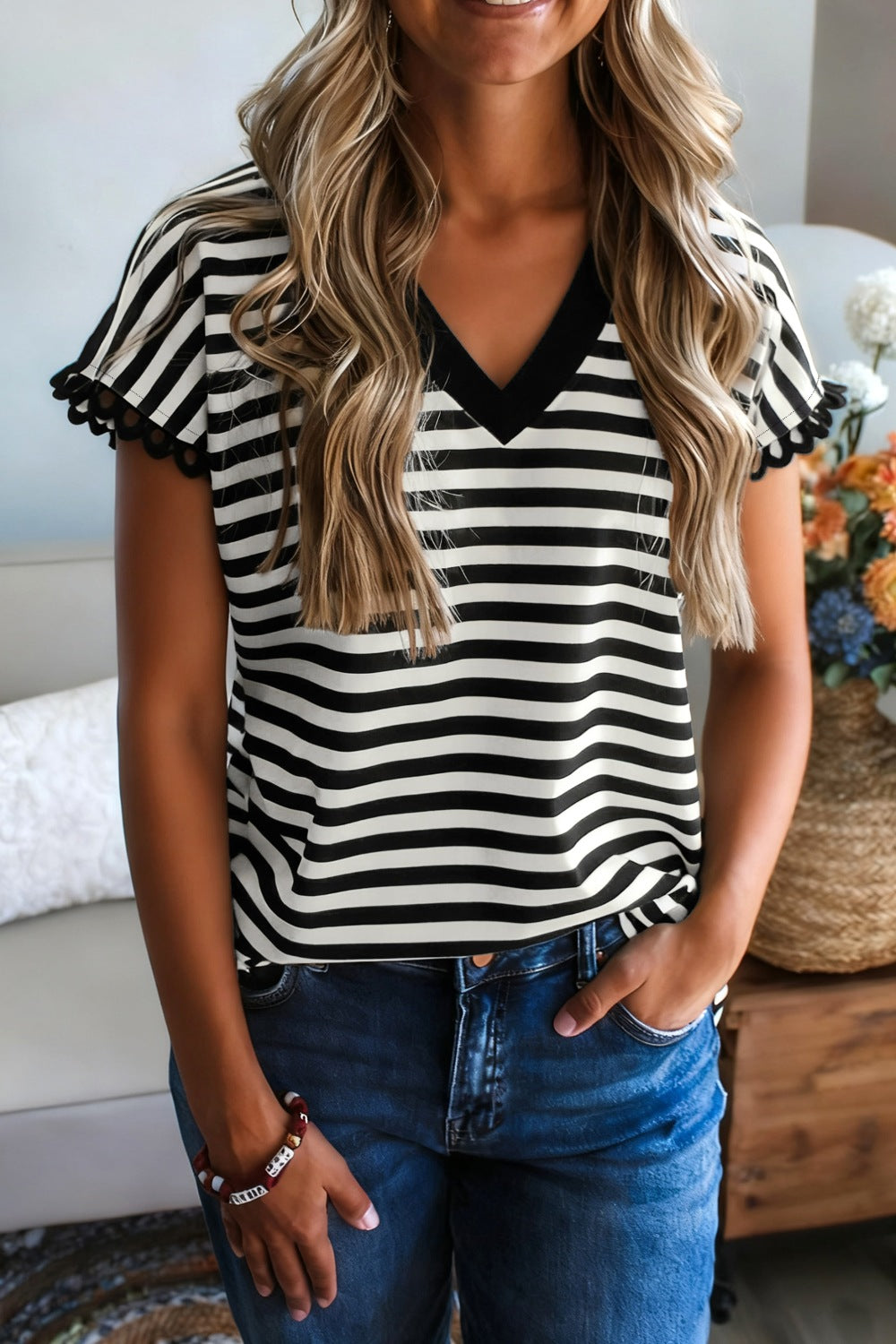 Striped V-Neck Scalloped Short Sleeve T-Shirt