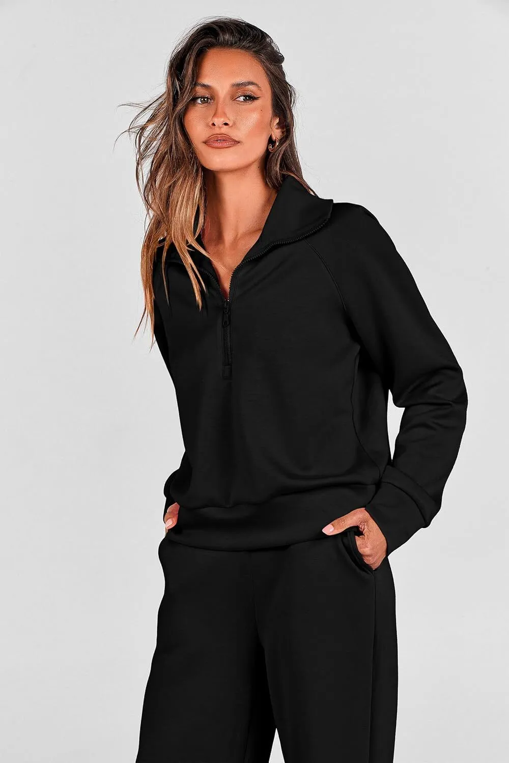 🔥Final Day Clearance!🛒Women's 2 Piece Outfits Casual Lapel Half Zip Sweatshirts And Wide Leg Pants Tracksuit Sets
