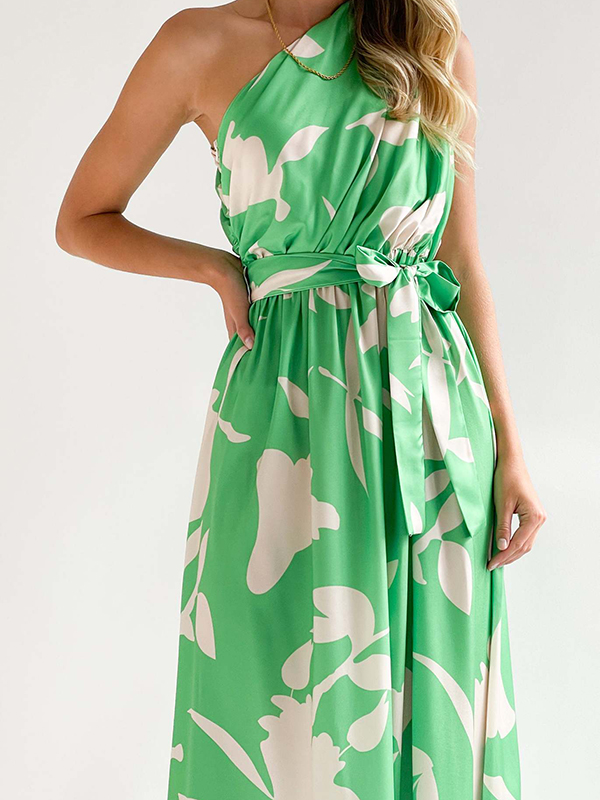 Bandage Contrast Color Hollow Printed Loose Sleeveless One-Shoulder Midi Dresses