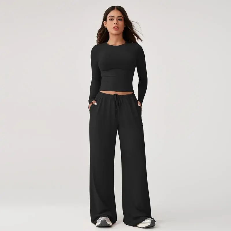 Women's 2-Piece Activewear Set Long-Sleeve Crop Top & Wide-Leg Pants Stretchy Fabric