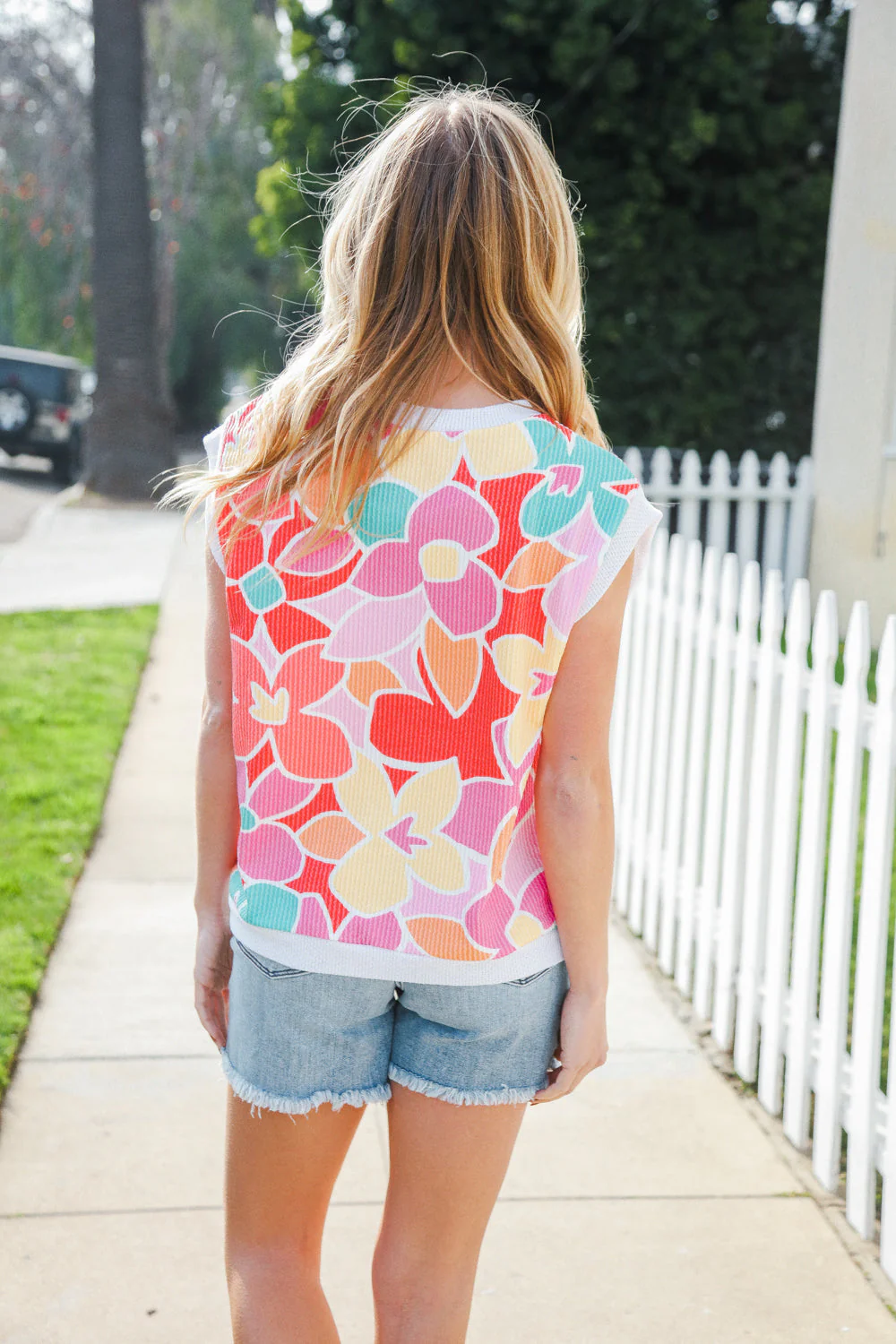 Beautiful You Coral Multicolor Floral Rib Dolman Sleeve Top