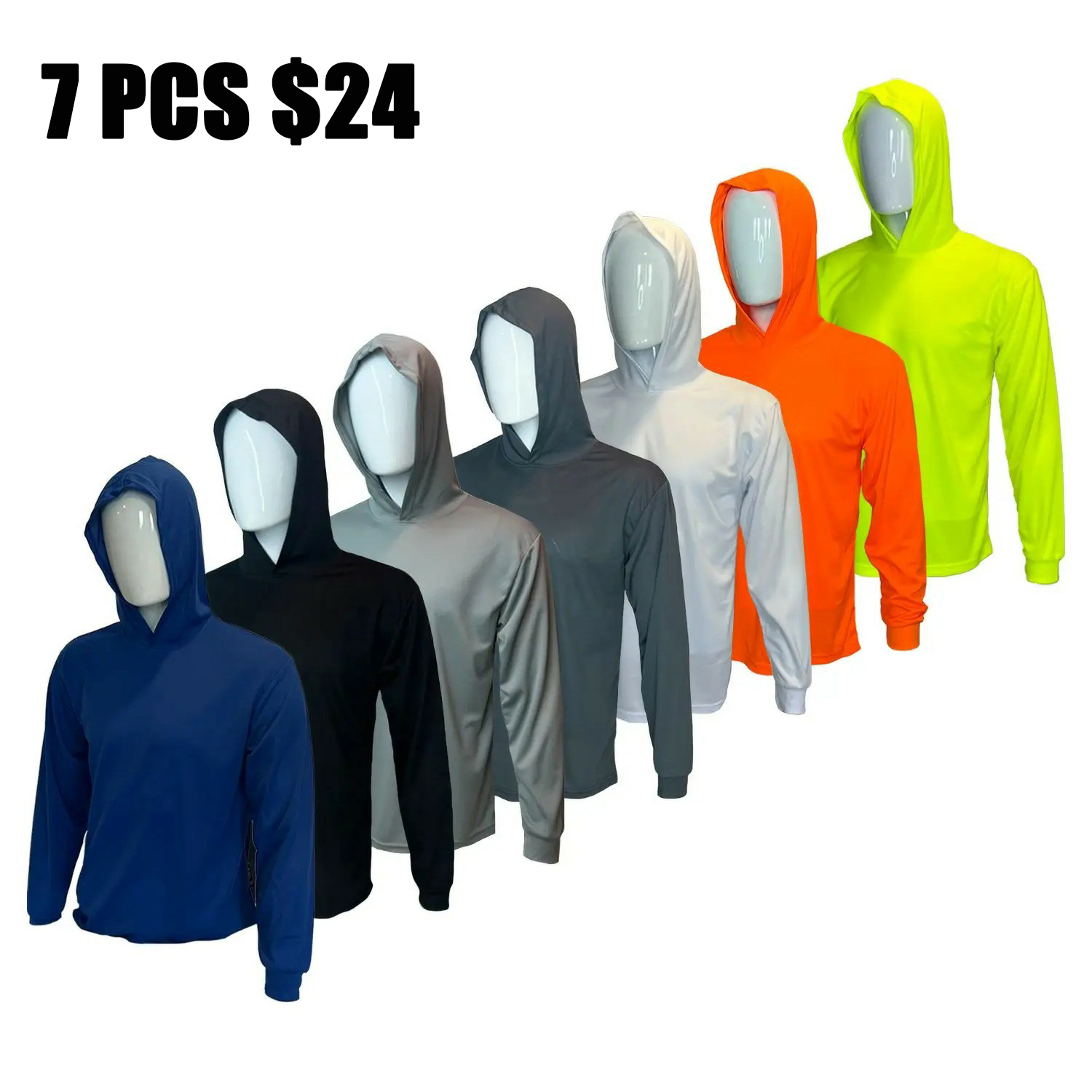 7 SHIRT PACK Hi Visibility ultra light weigh Long sleeve hoodie shirt / 100 % polyester birdeye Fabric for quick dry AVAIALBE IN VARIOUS COLORS