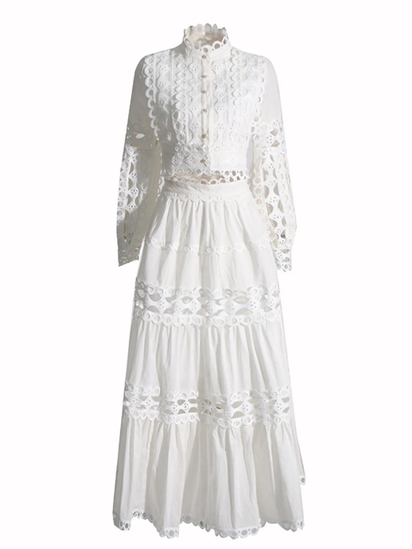 Lace Button Up Long Sleeve Top and Skirt Set