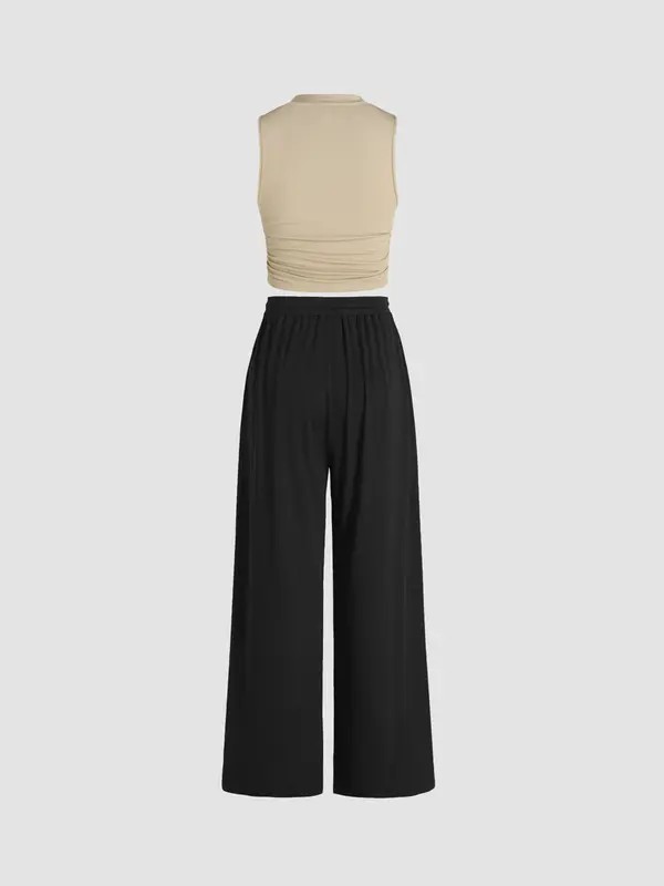 kendall same style Women's 2-Piece Ruched Tank Top and Elastic Waist Tie Trousers Set – Casual Lounge Outfit, 6 Colors