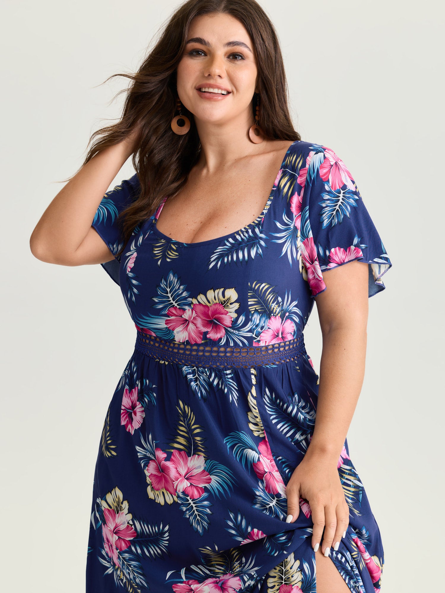 Large Floral Print Flowy Sleeve Maxi Dress