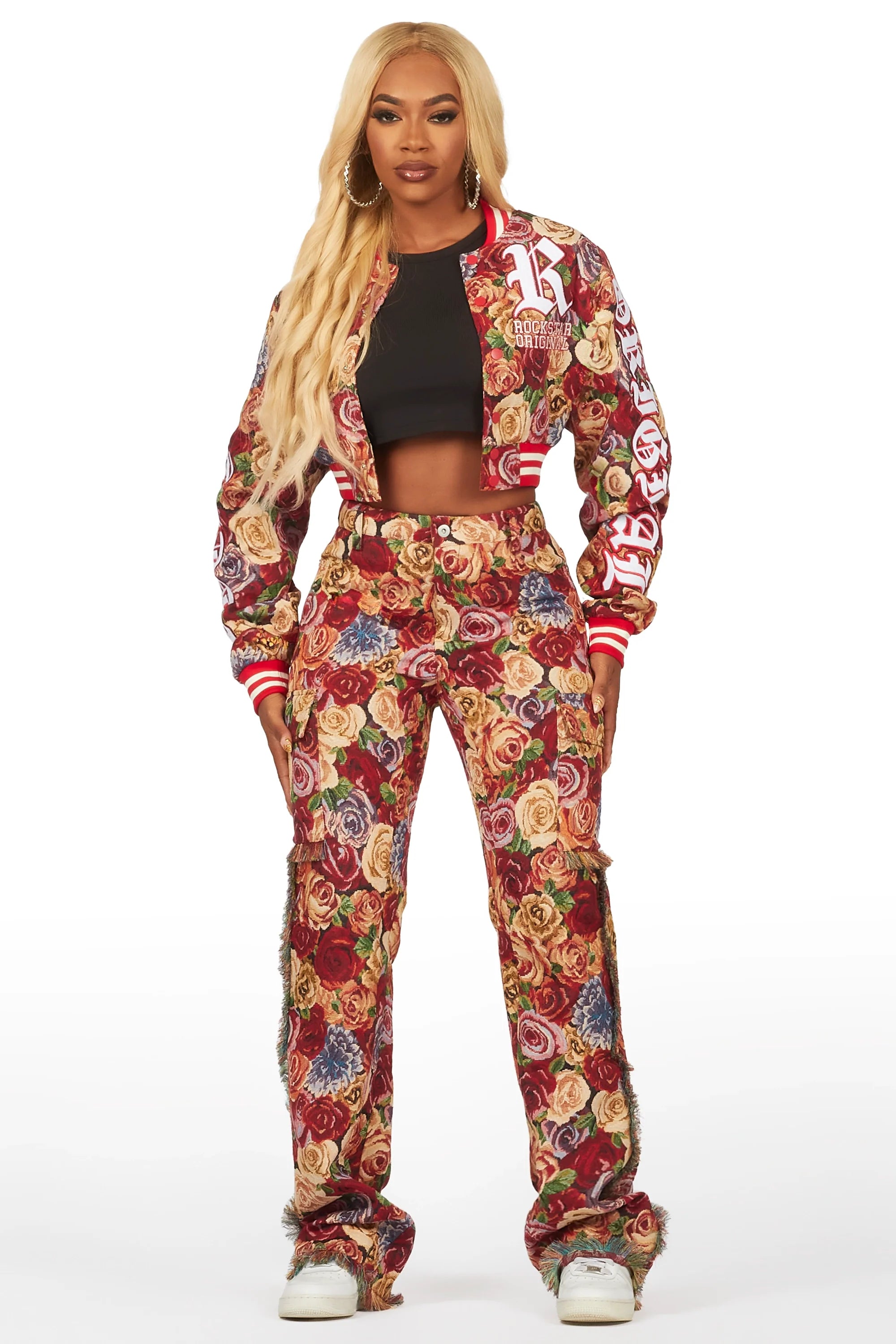 Darresha Red Crop Tapestry Varsity Jacket