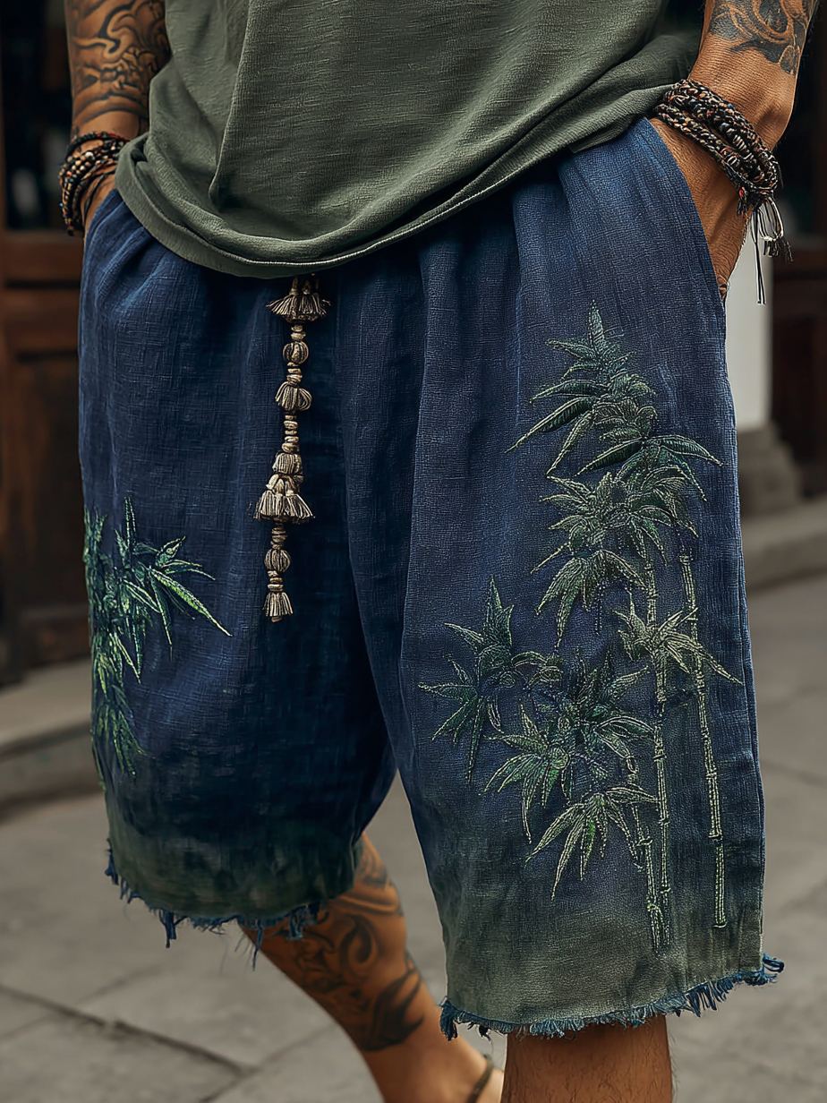 Japanese Bamboo Embroidery Art Gradient Print Linen Blend Casual Shorts