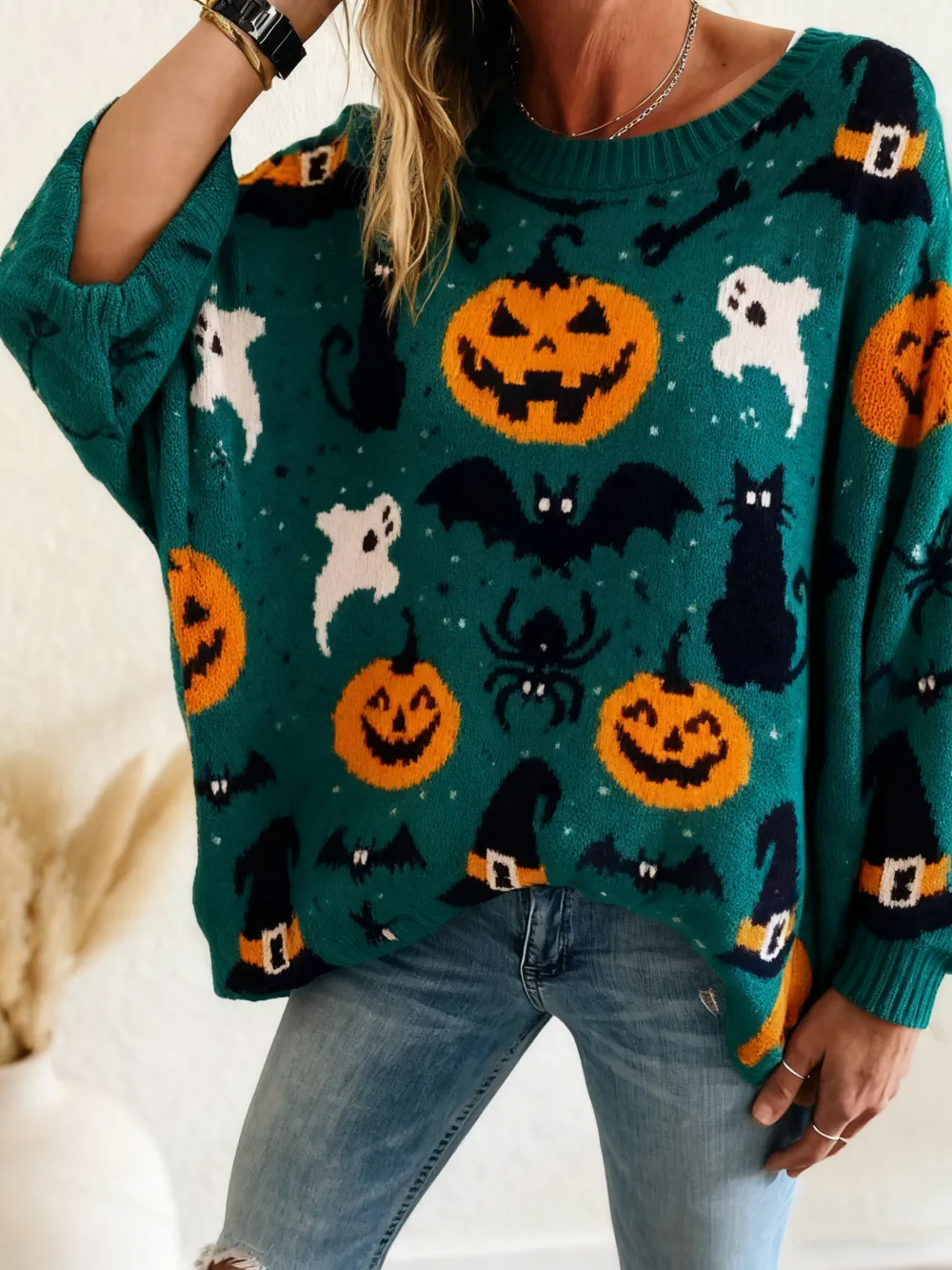 Women's Halloween Pumpkin Print Long Sleeve Knit Top