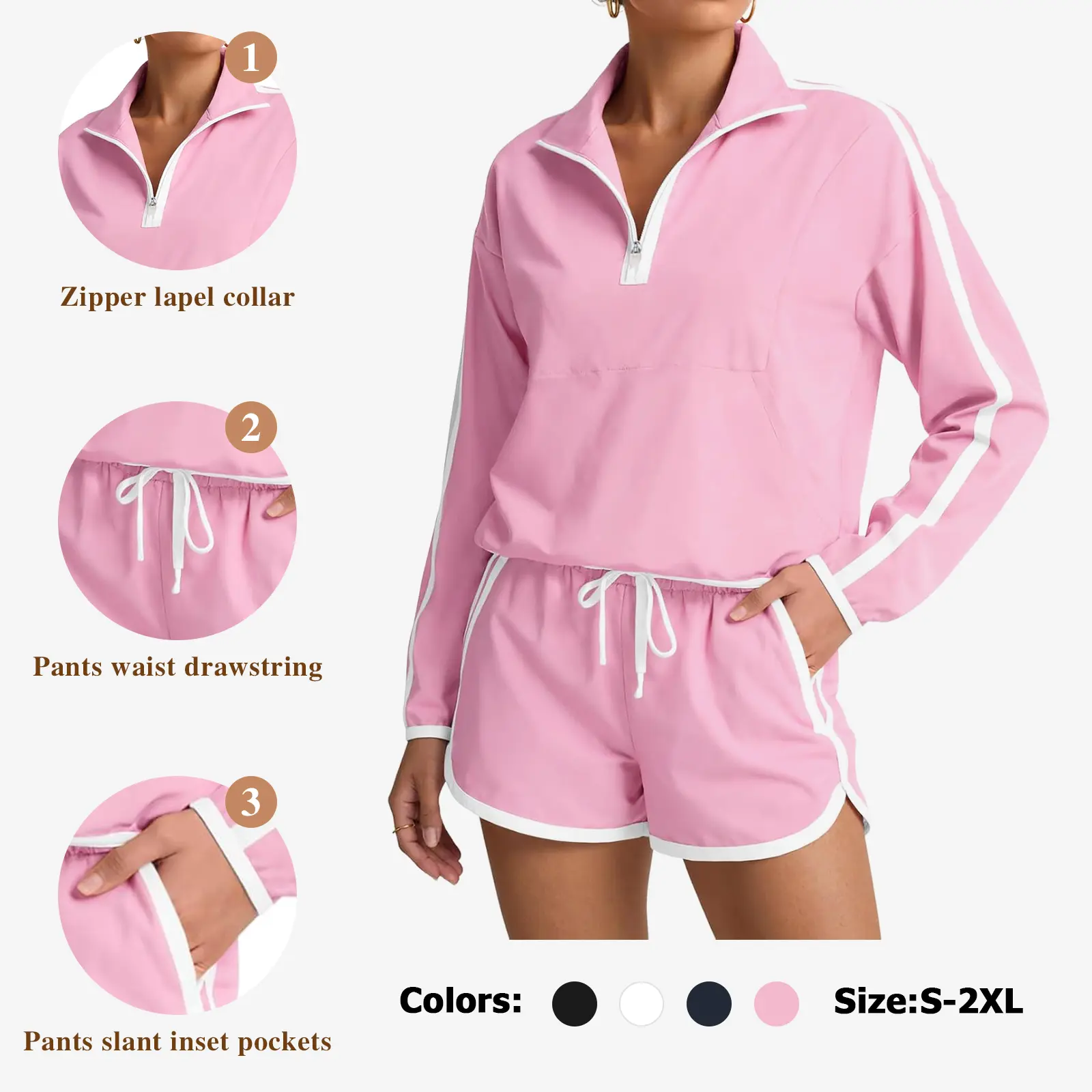 Womens 2 Piece Outfits Sets Half Zip V Neck Long Sleeve Pullover Tops Shorts Casual Tennis Running Tracksuits