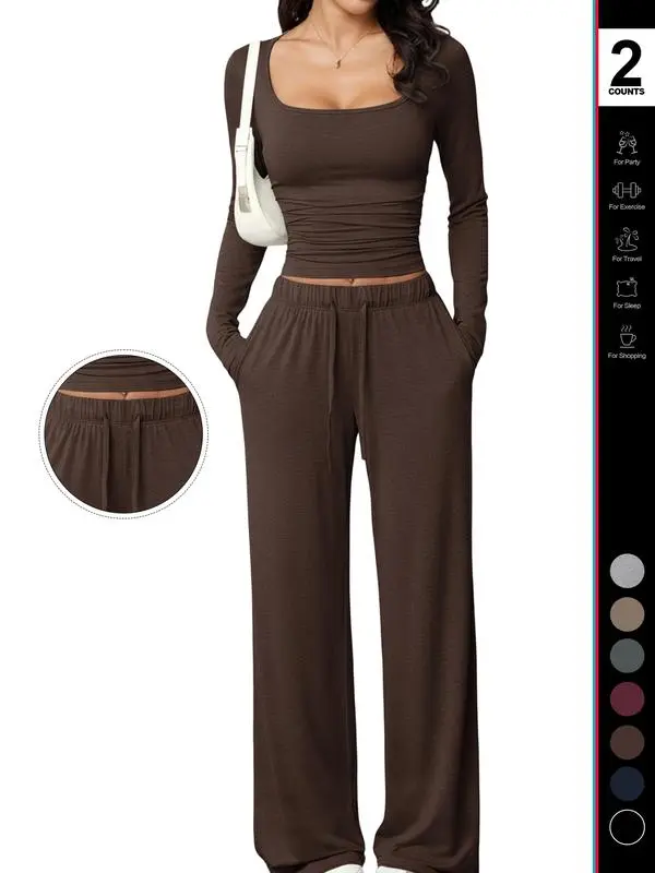 Women’s 2-Piece Lounge Set Square Neck Crop Top & Wide Leg Pants