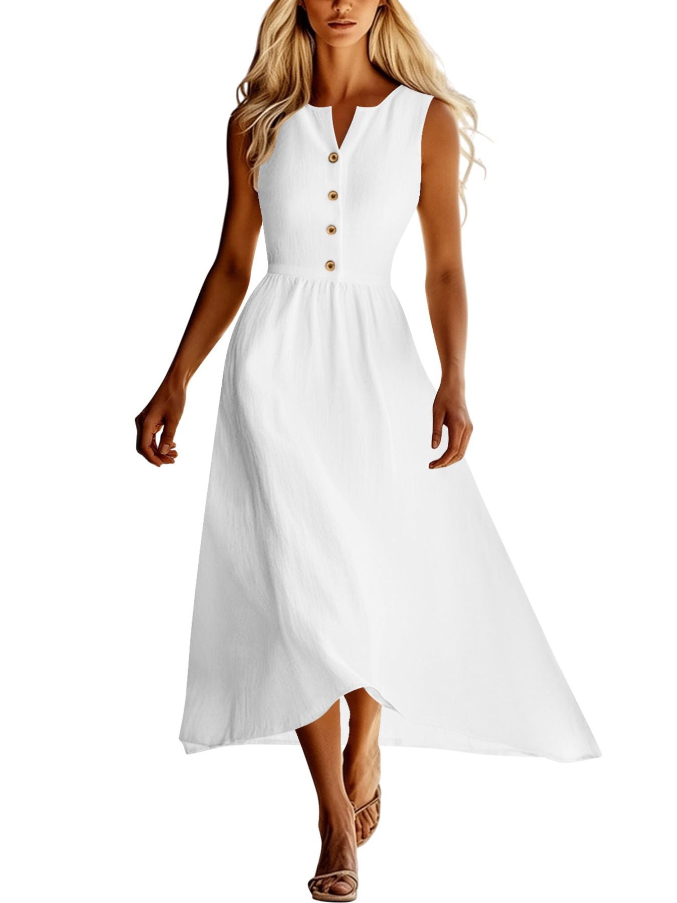 Sleeveless Button Front Flowy Midi Dress