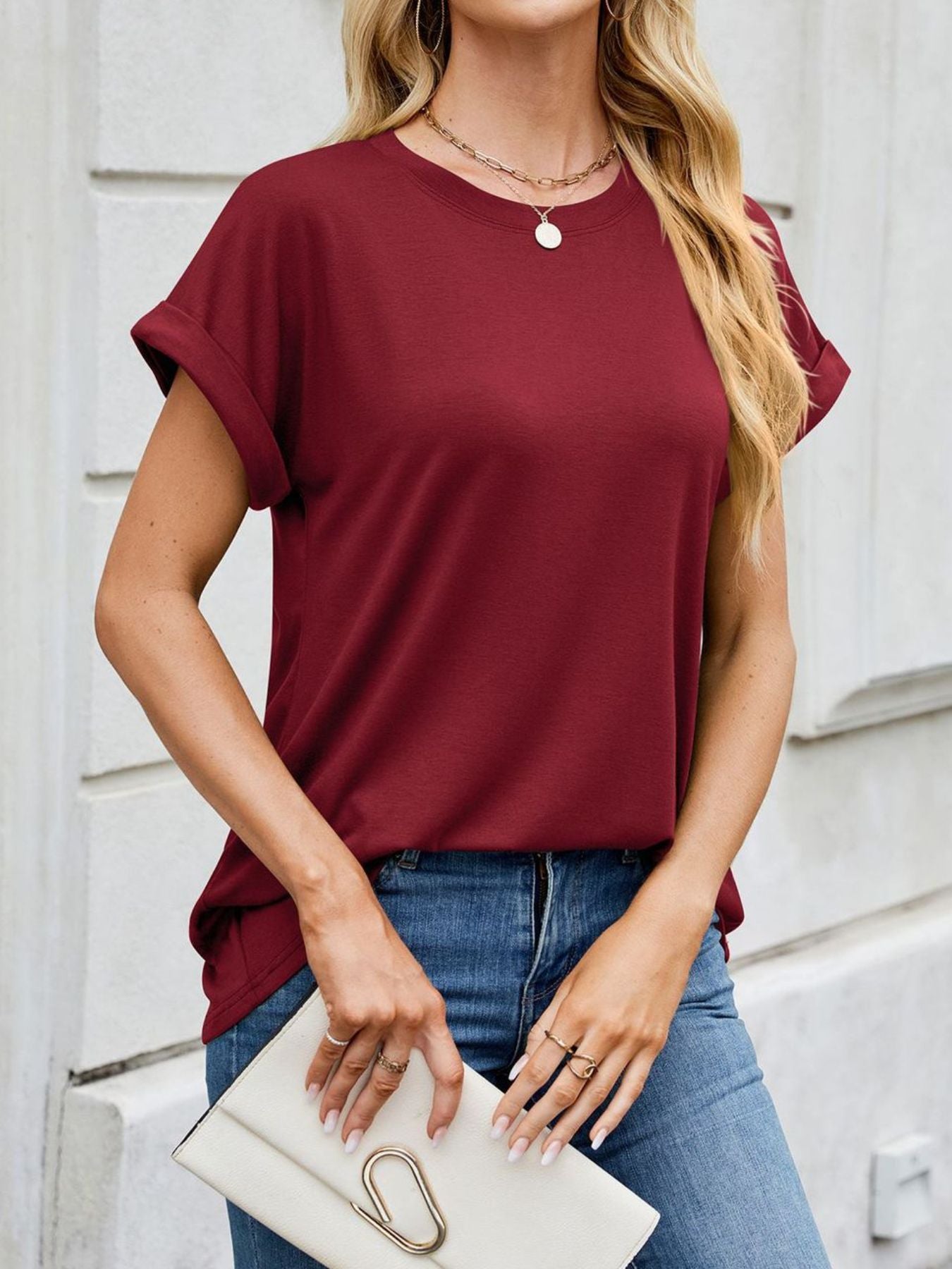 Casual Rolled Sleeve Solid Color T-Shirt