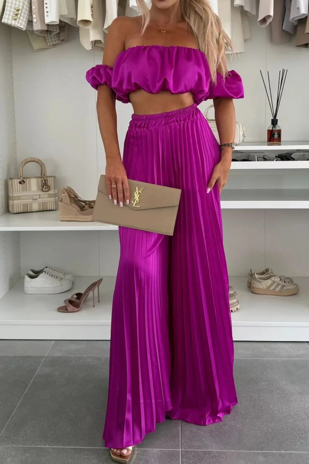 Off-Shoulder Top and Pleated Pants Set