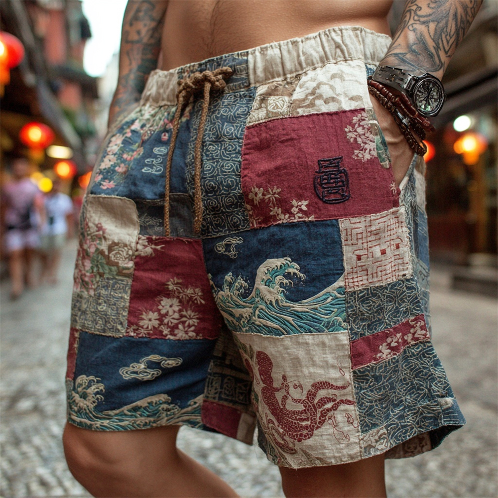 Vintage Japanese Wave Patchwork Embroidered Men's Linen Shorts