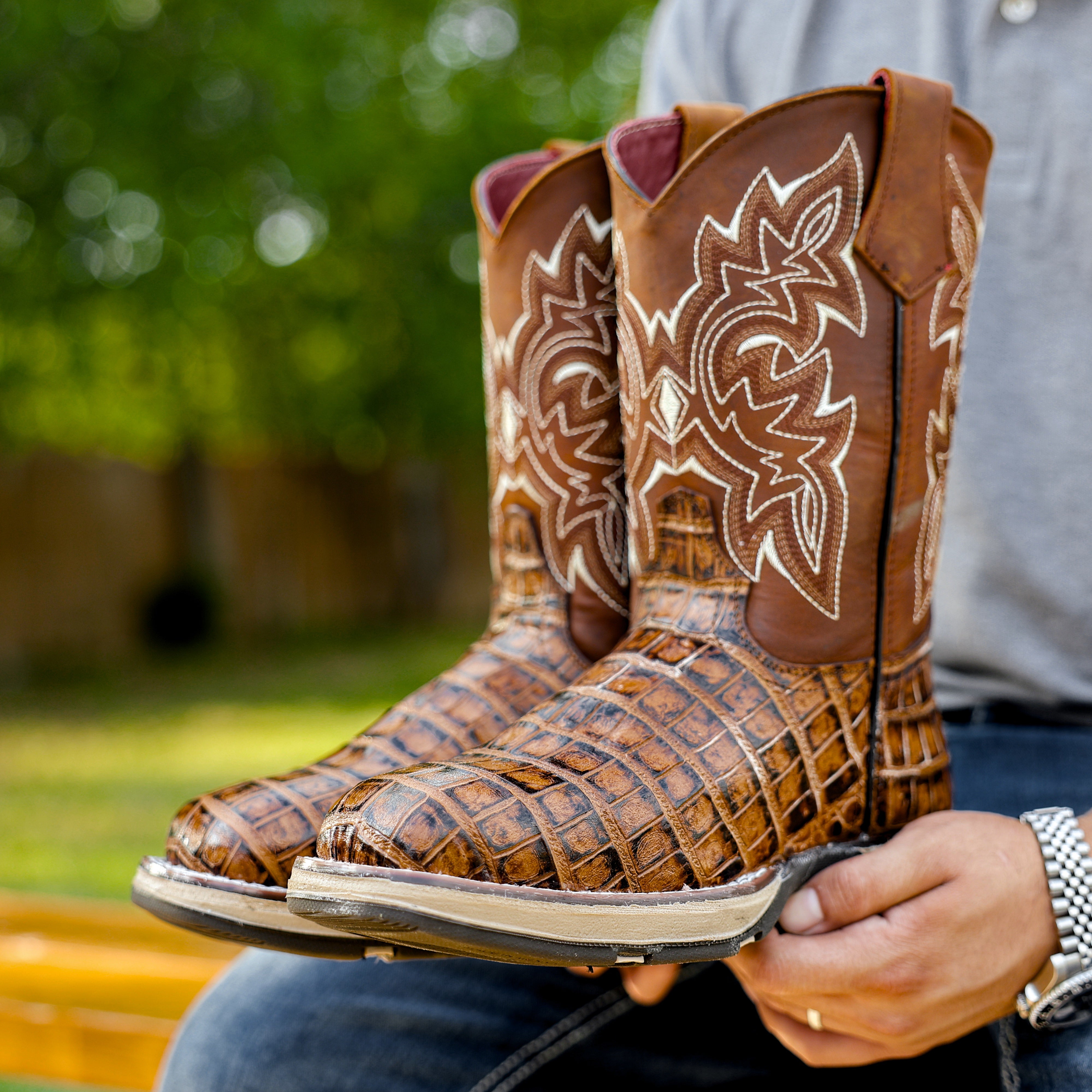 Honey Caiman Belly Leather Boots With 3D Lightweight Sole - Composite Toe