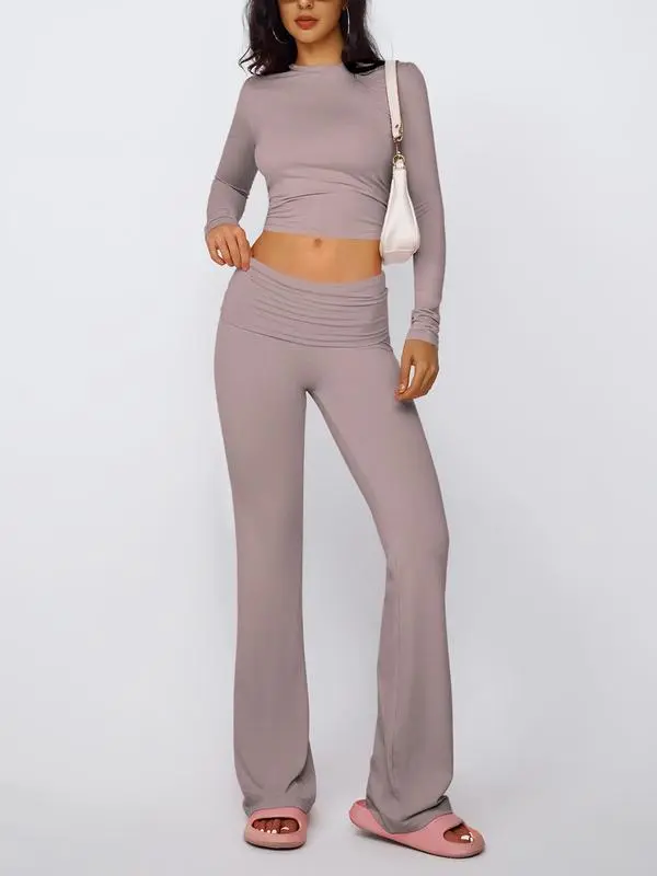 Women's Solid Long Sleeve Tee & Flare Leg Skinny Pants Loungewear Set