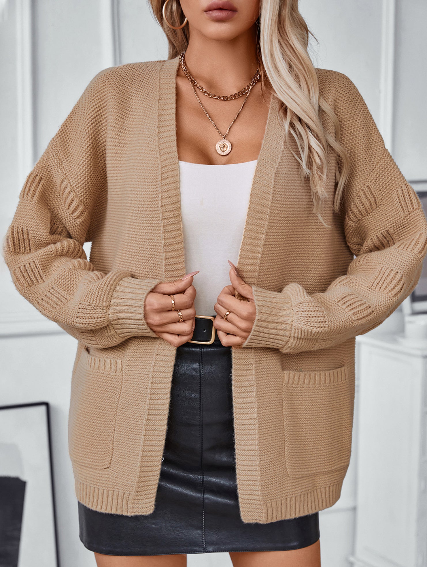 Pocket Open Front Loose Knit Cardigan