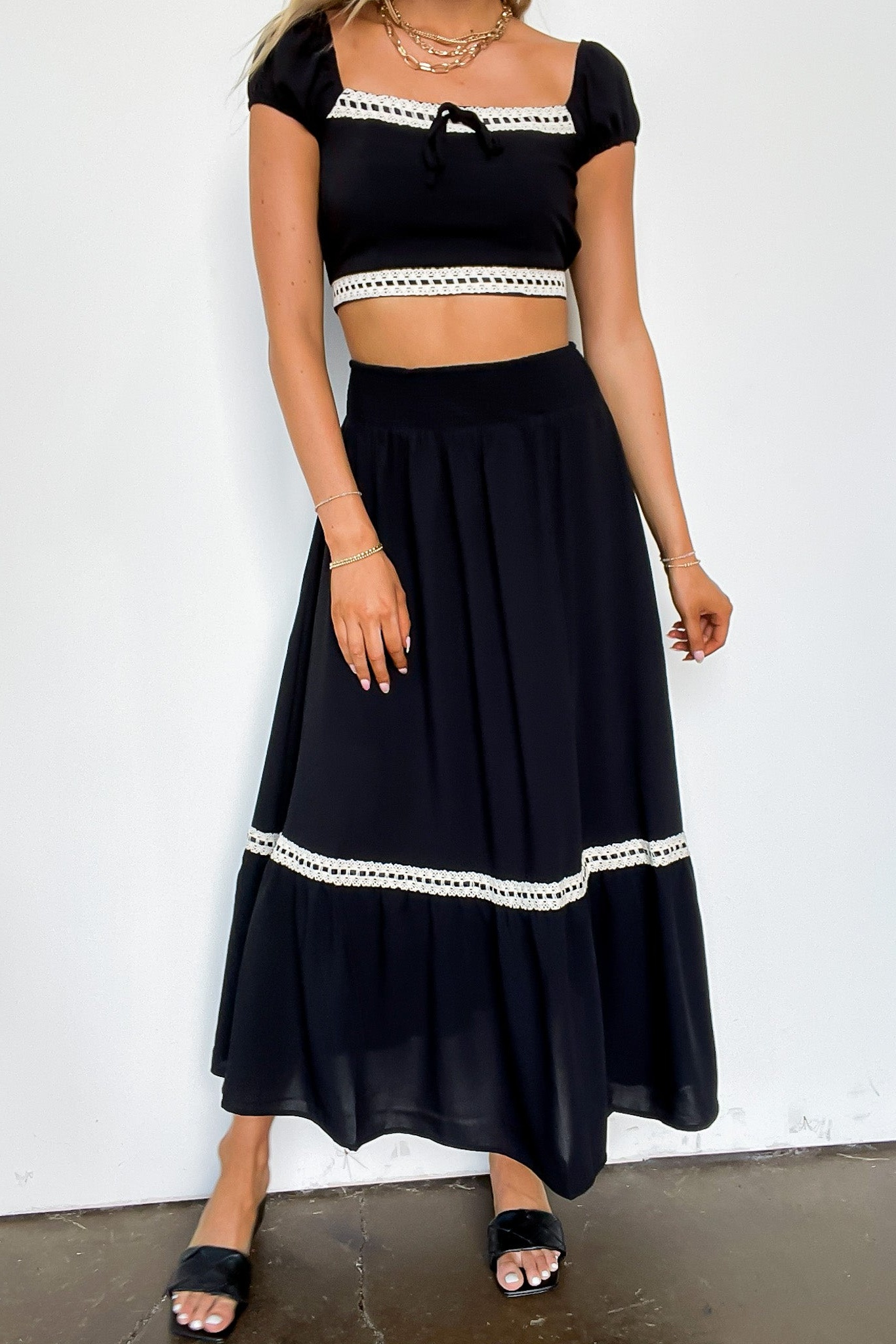 Midnight Lace Contrast Trim Smocked Waist Midi Skirt and Top Set