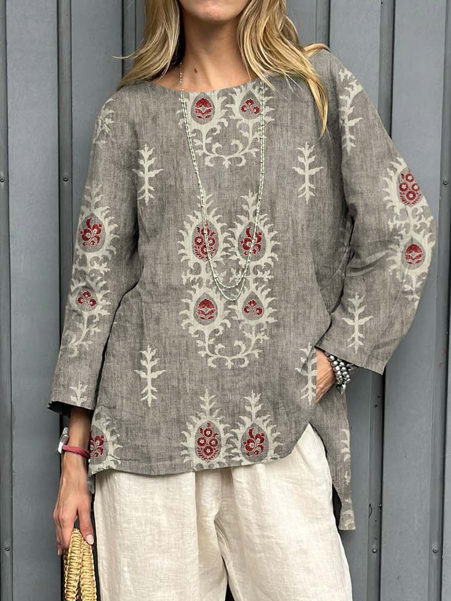 Women's Vintage Ethnic Pattern Art Print Casual Cotton Linen Shirt