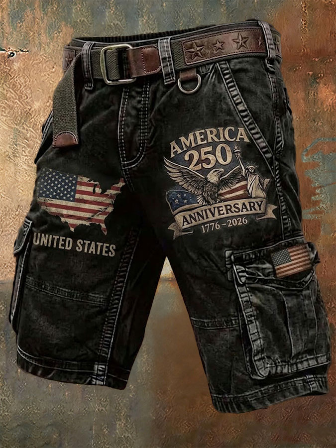 Men'S Retro American Independence Day Printed Workwear Shorts (Excluding Waistband)