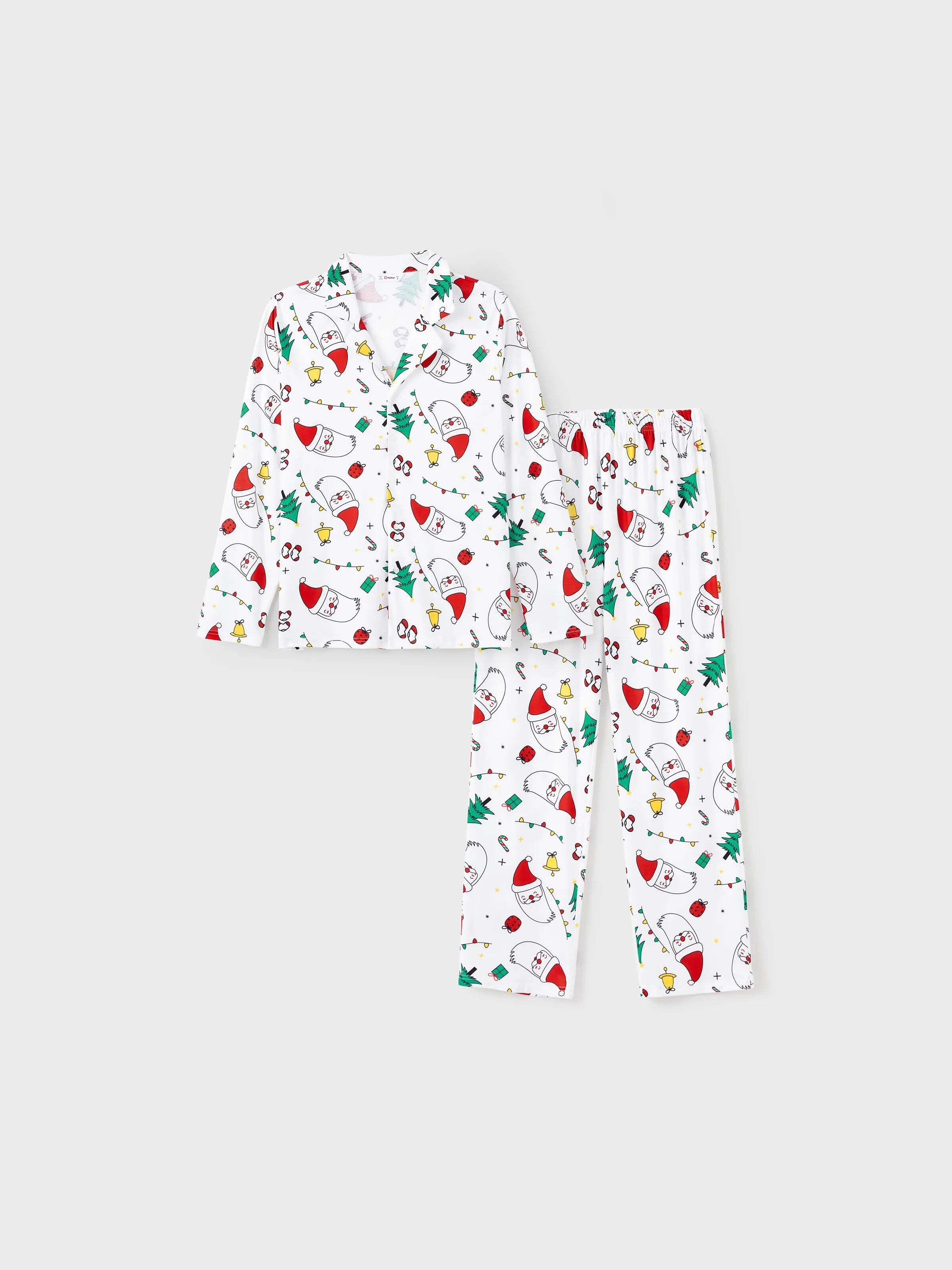 Christmas Family Matching Colorful Festival Theme Print Long Sleeve Pajamas Sets with Christmas Socks White