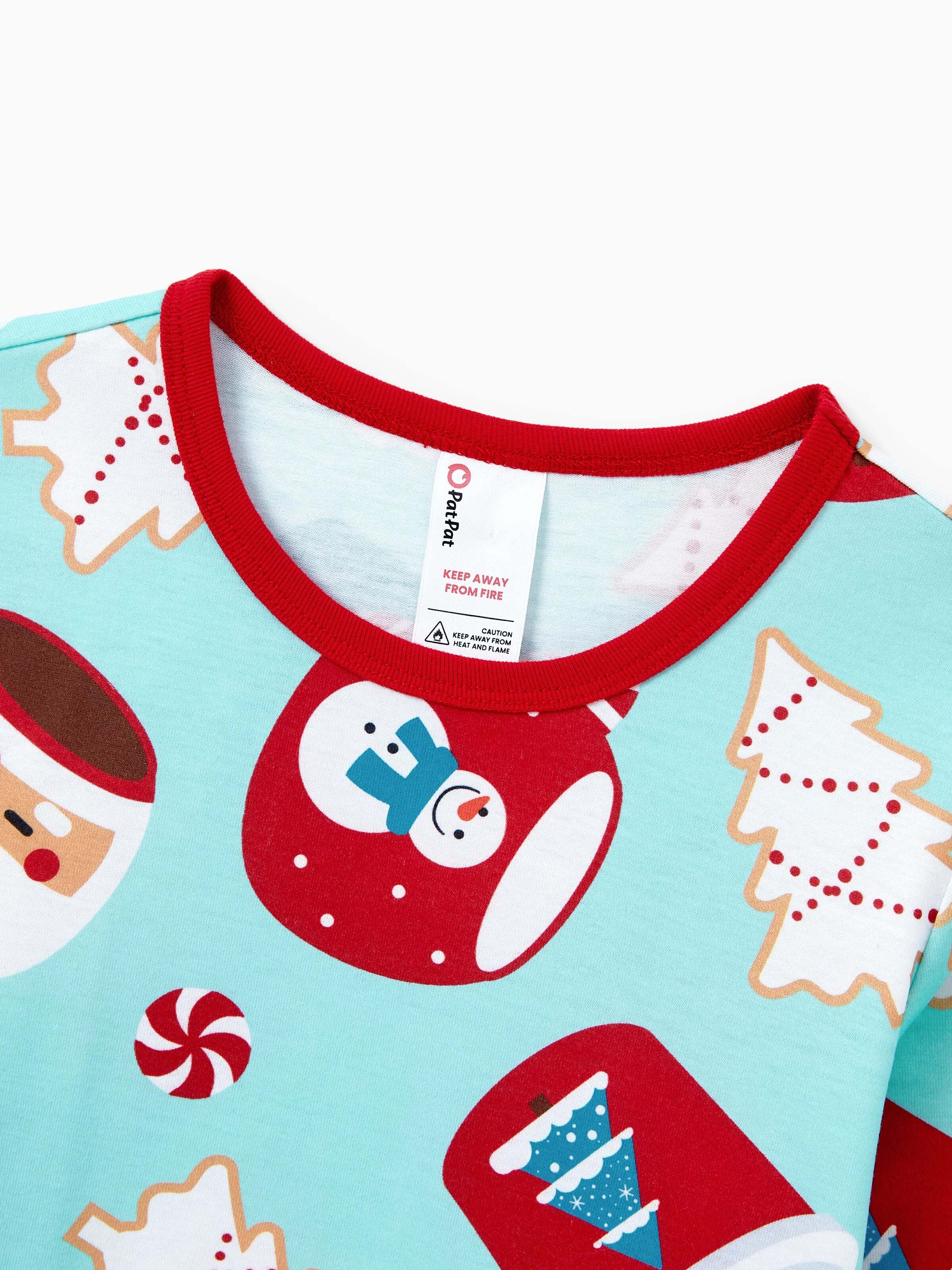 Christmas Matching Family Pajamas Set Gingerbread Print Blue and Red PJS with Christmas Socks Light Blue