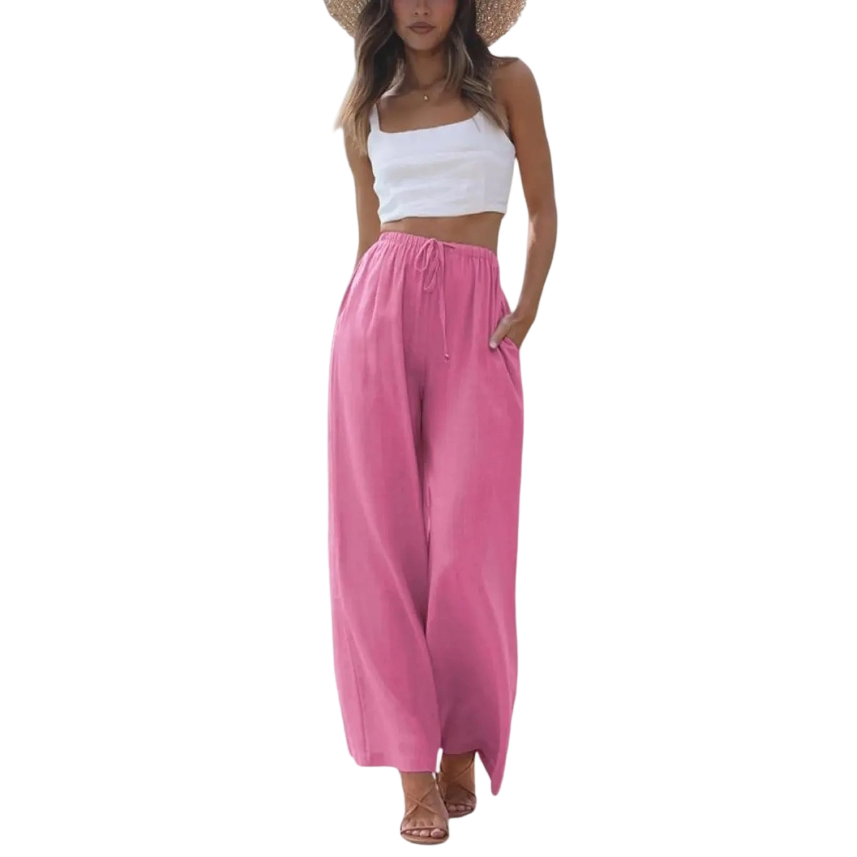 Women's Cotton Linen Summer Palazzo Pants Flowy Wide Leg Beach Trousers with Pockets Casual Womenswear