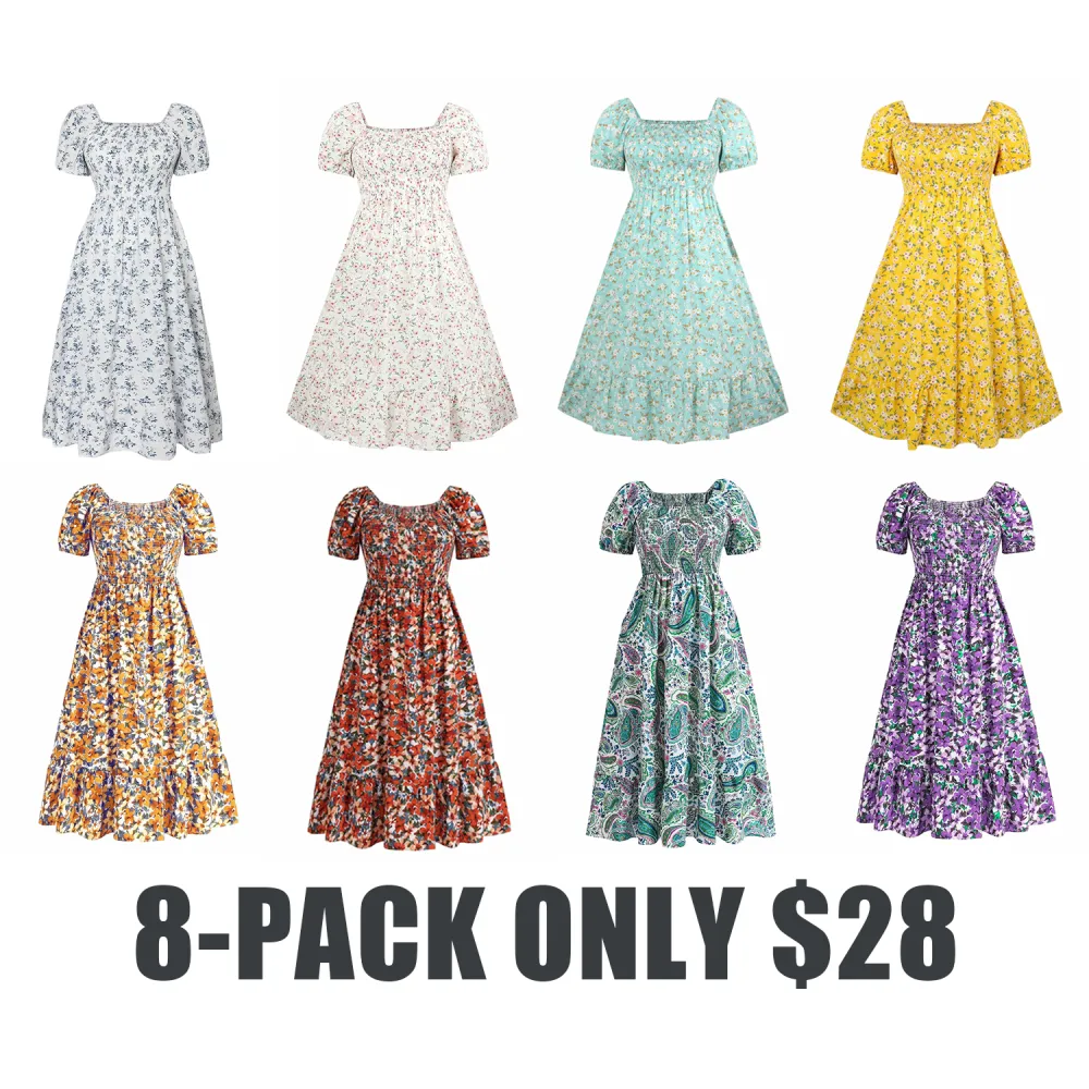 [Plus Size]4 Styles Summer Dresses – Floral Split Thigh, Puff Sleeve Tie Front, Wrap V Neck Belted, Square Neck Maxi