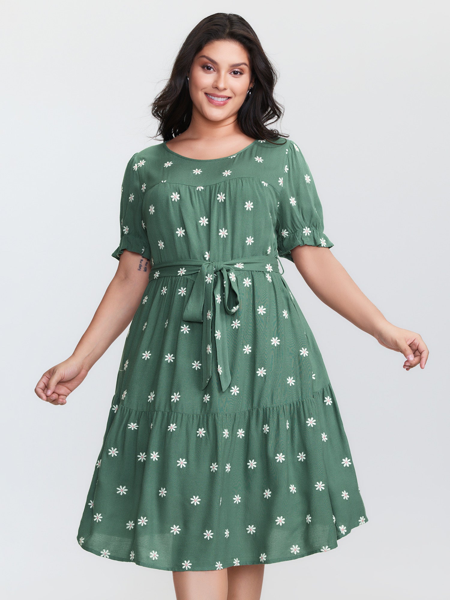 Supersoft Floral Embroidered Waist-Tie Mini Dress