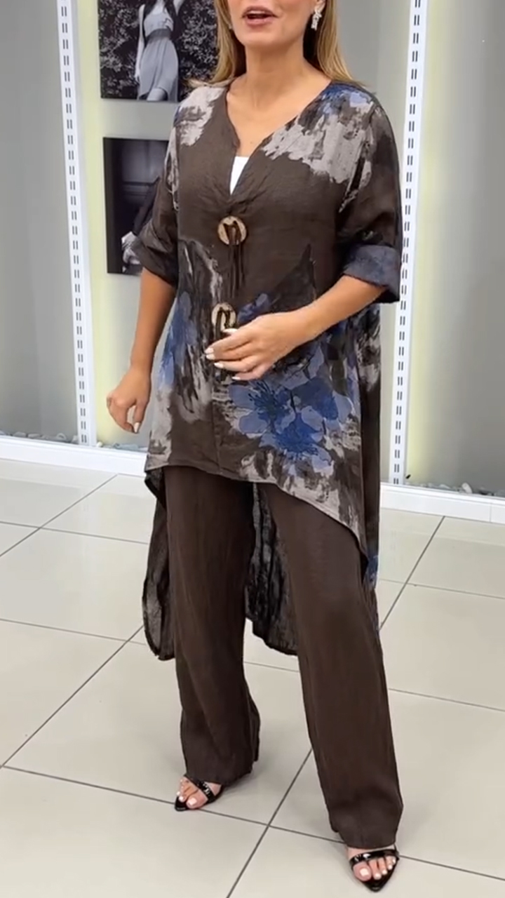 Women Round Neck Printed Irregular Top and Pants Casual Suit