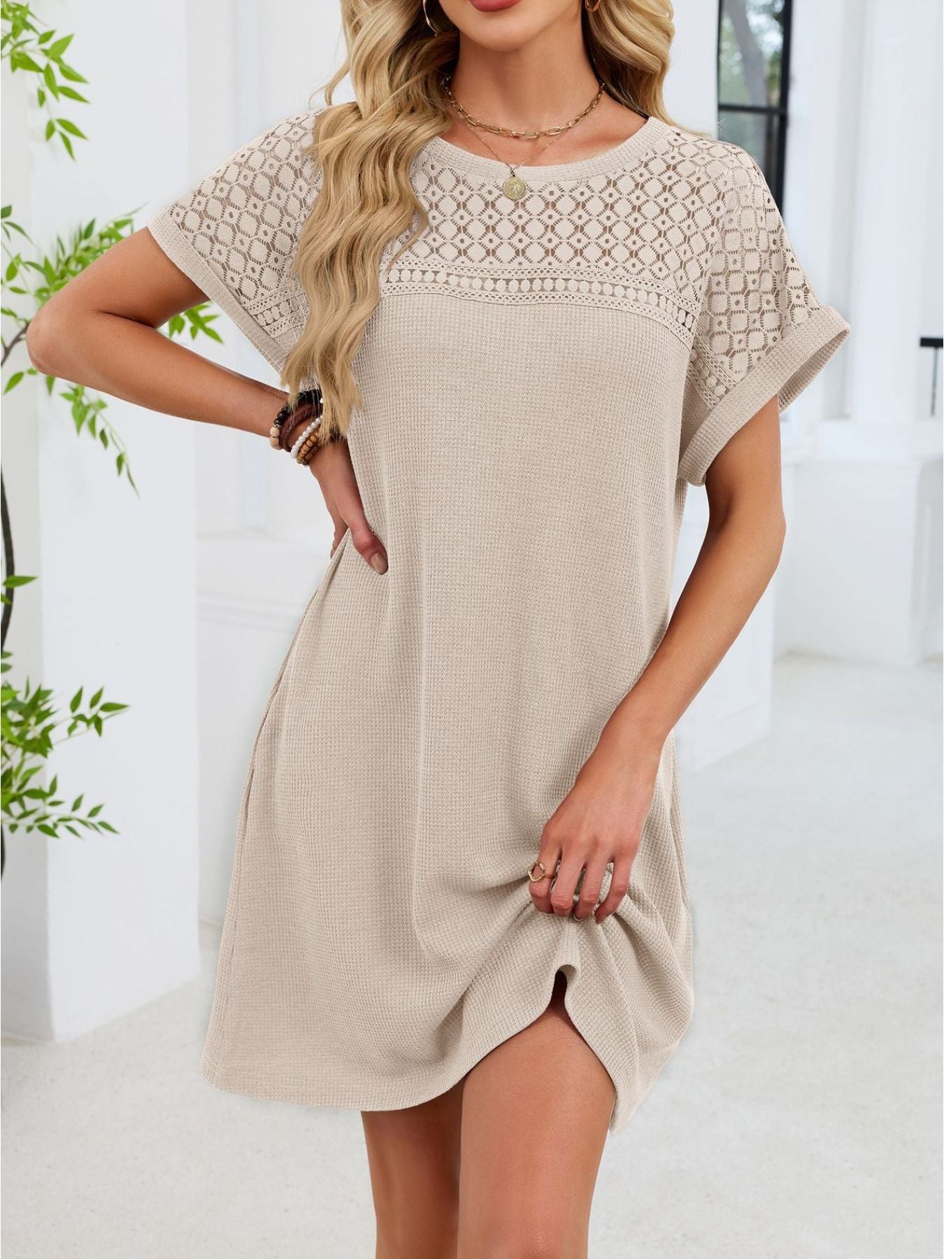 Lace Round Neck Short Sleeve T-Shirt Dress