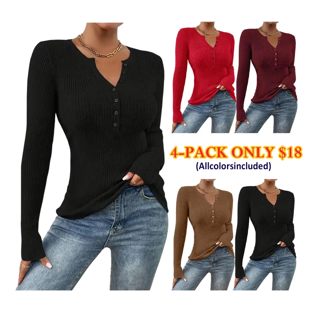 Women'S Plain Button Front Ribbed Sweater Tops