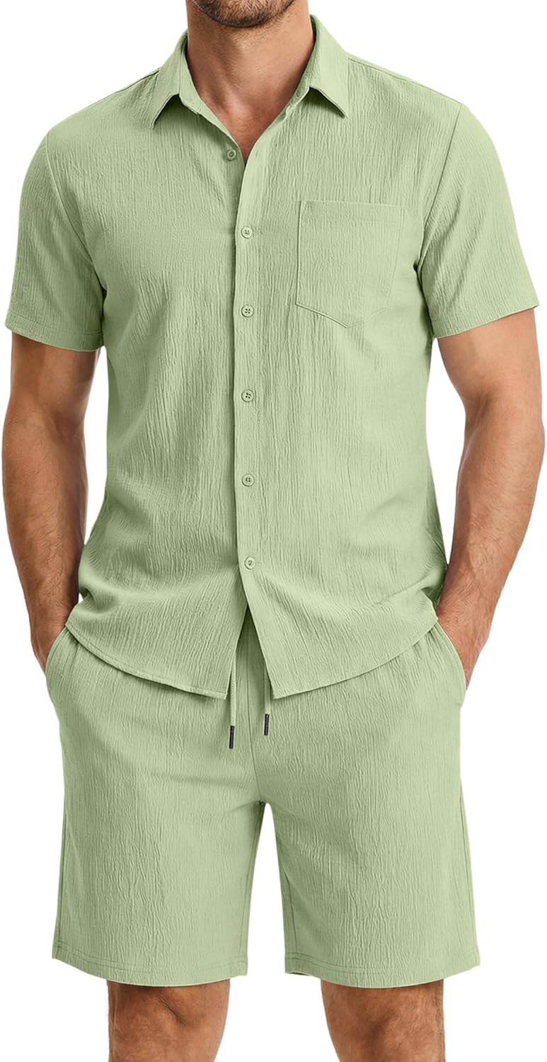 Mens 2 Piece Short Sets Short Sleeve Shirts and Shorts Summer Beach Vacation Texture Outfits