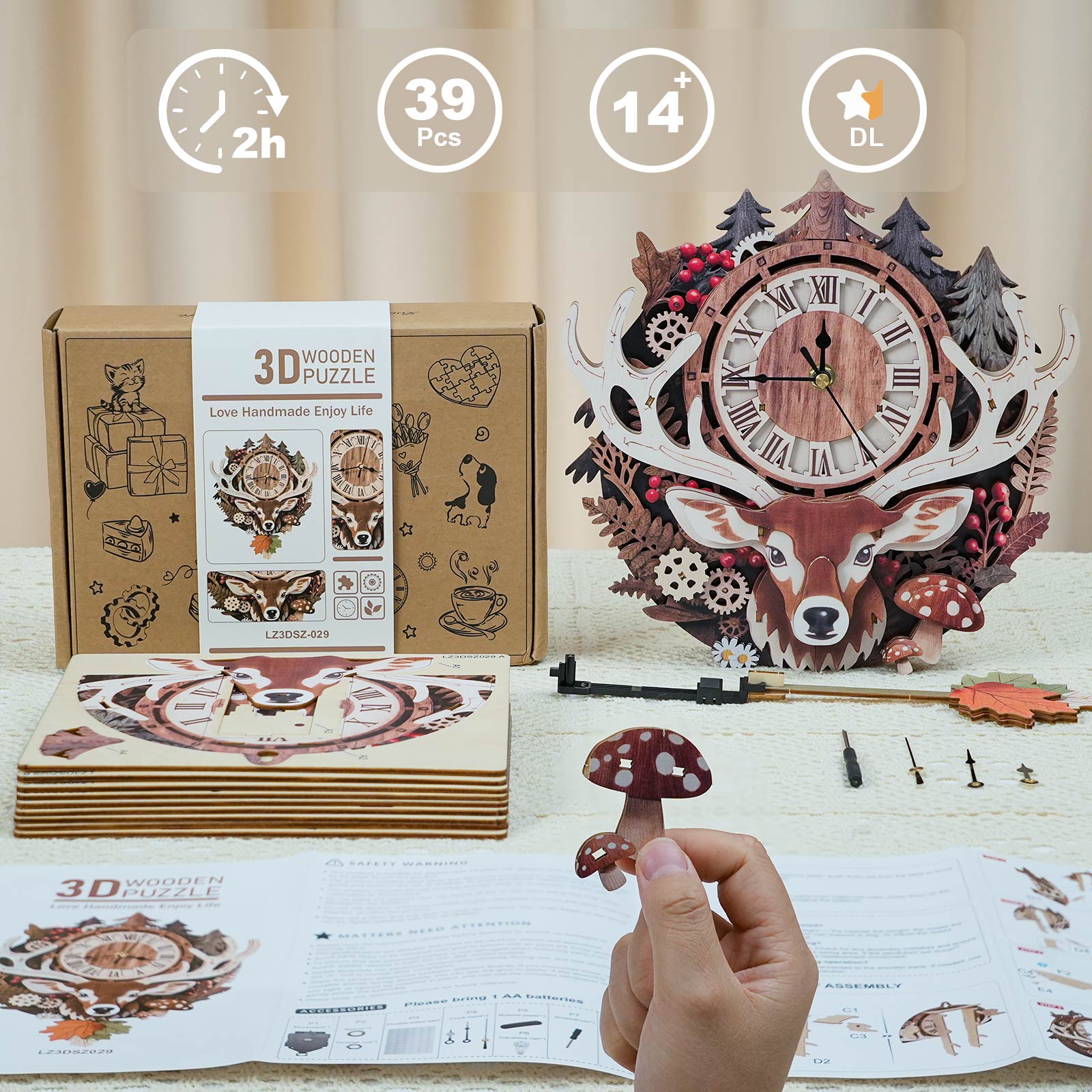 Reindeerâ€“ DIY Wooden Clock, 3D Puzzle Craft Kit