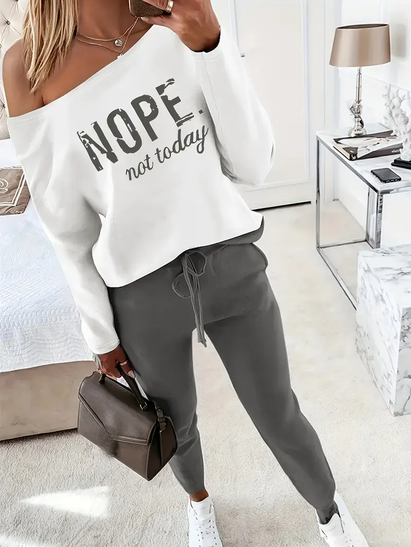 Two Piece Spring/Fall Casual Two-Piece Set with Nope Not Today Print, Long Sleeve Top & Drawstring Pants for Women