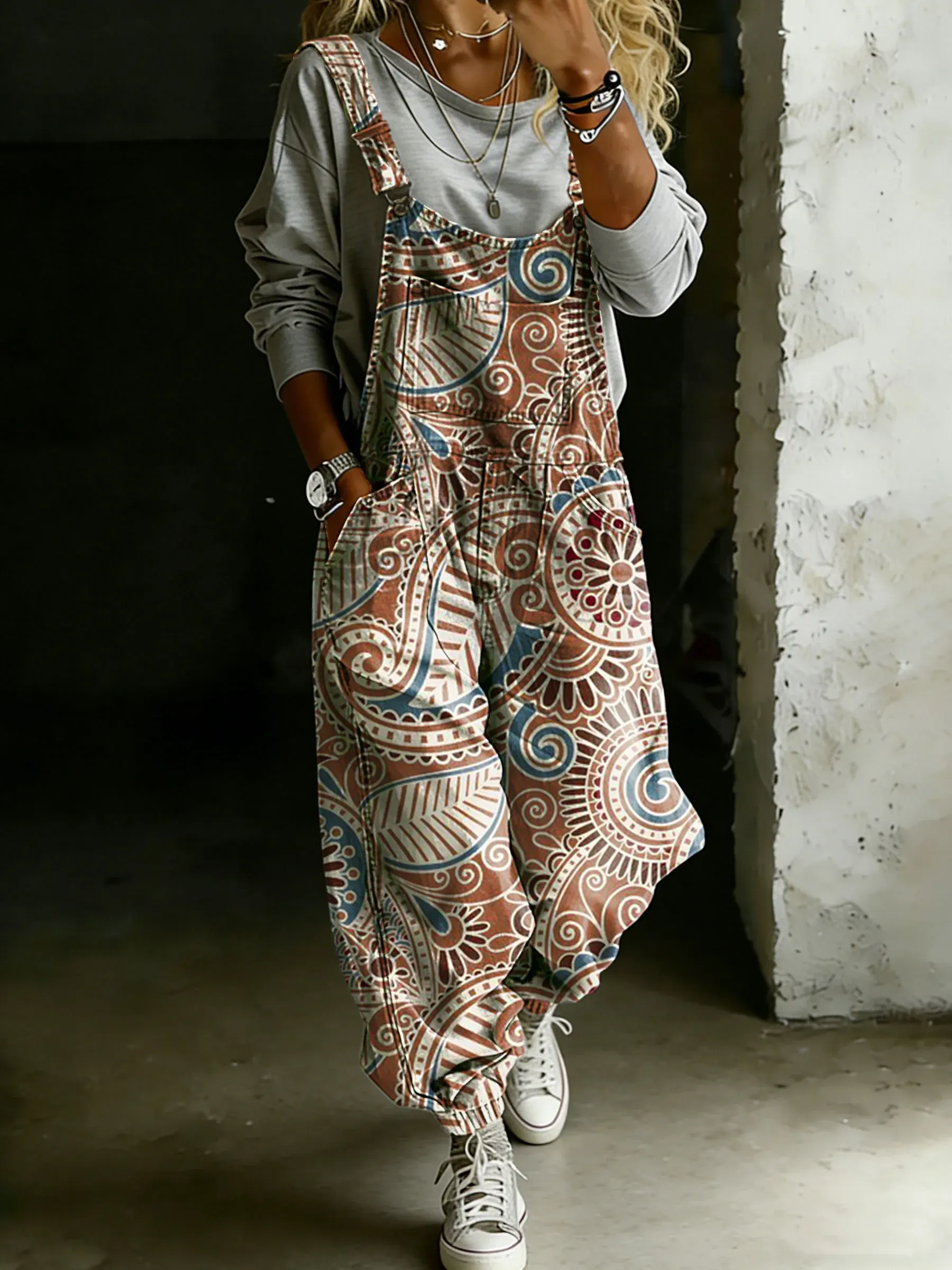 Women’s Vintage Abstract Ethnic Art Print Casual One Piece Denim Jumpsuit