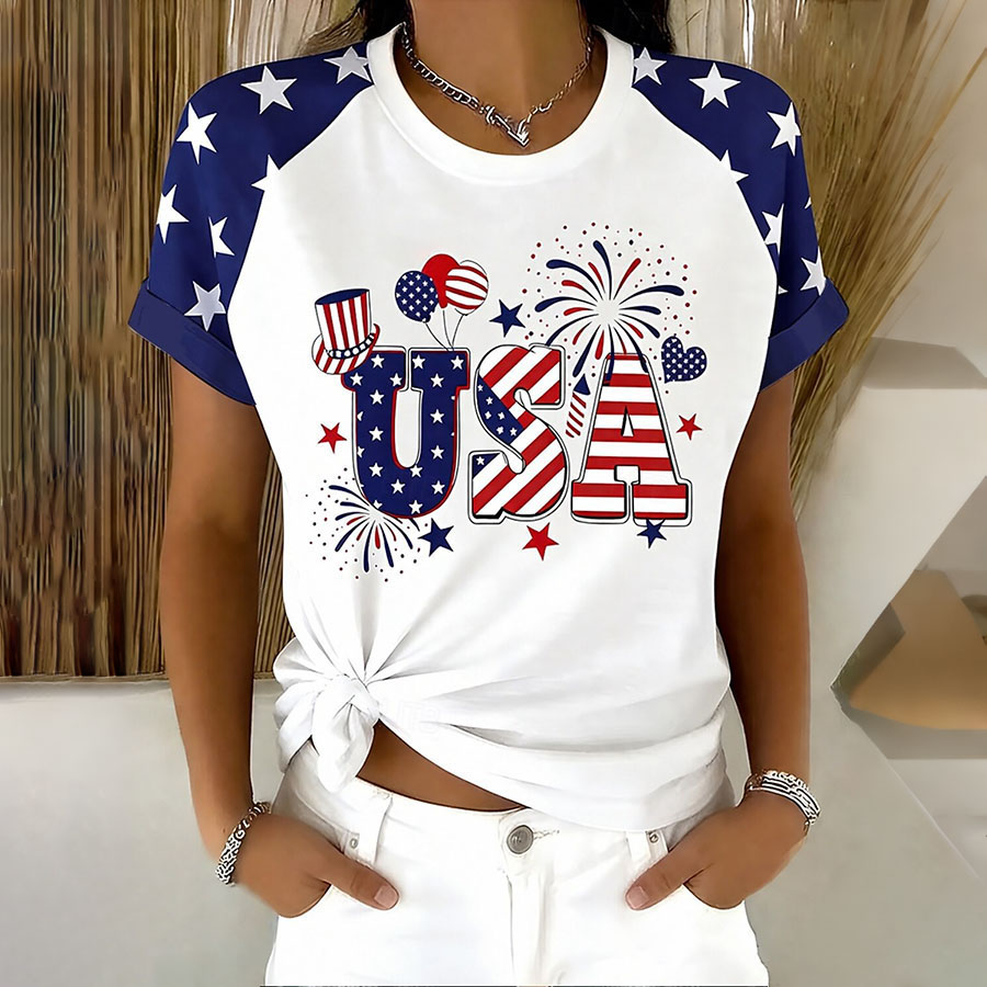 Women's USA Firework Patriotic Raglan Sleeve T-Shirt