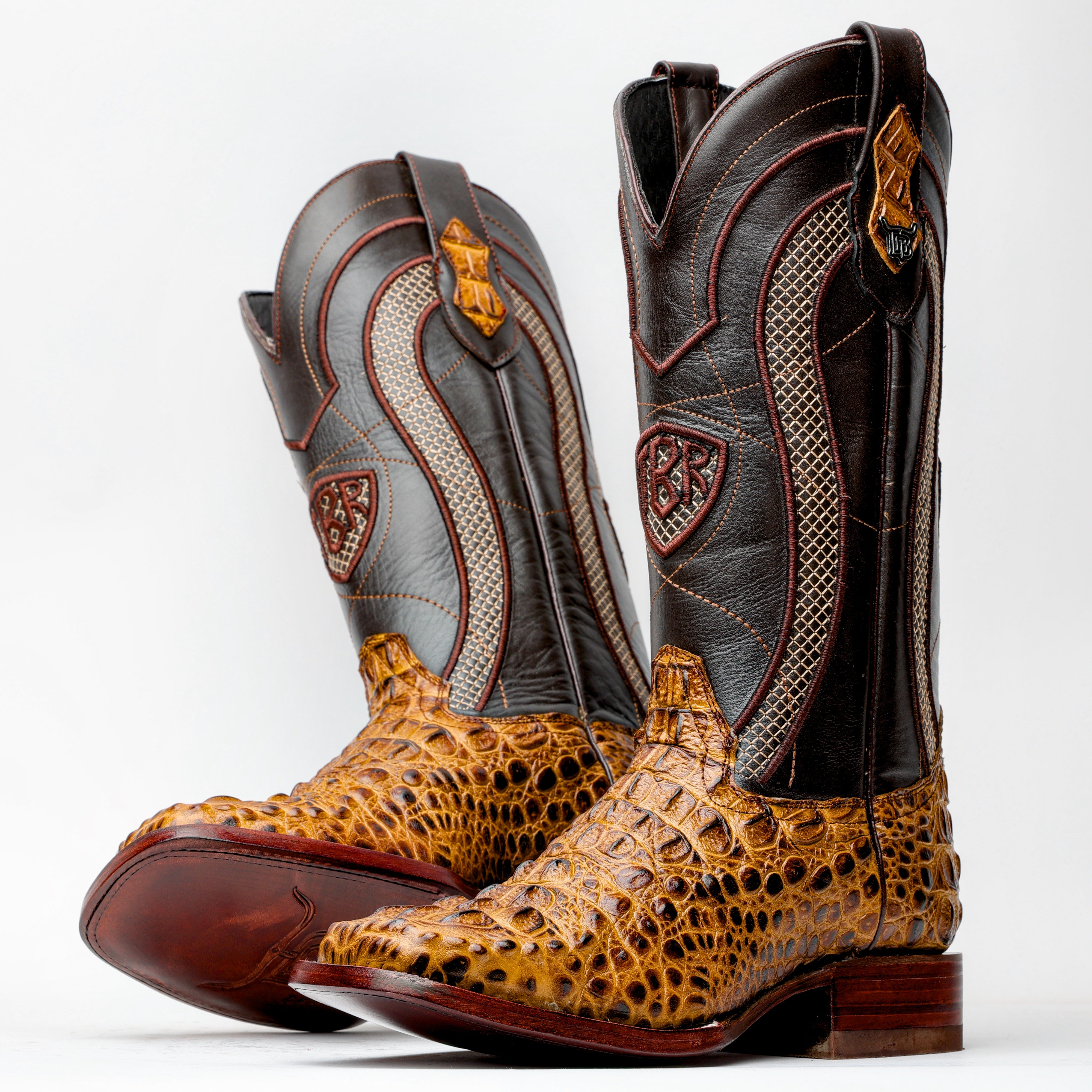 Honey Caiman Neck Leather Boots - Square Toe
