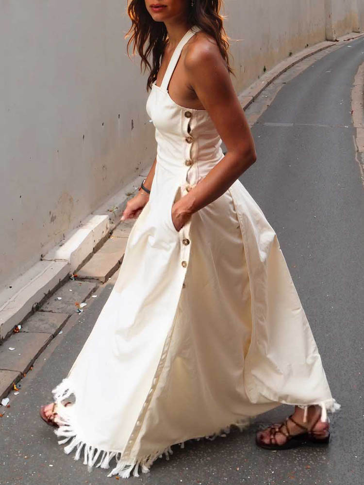 Women Spaghetti Strap Patchwork Tassel Casual Dress