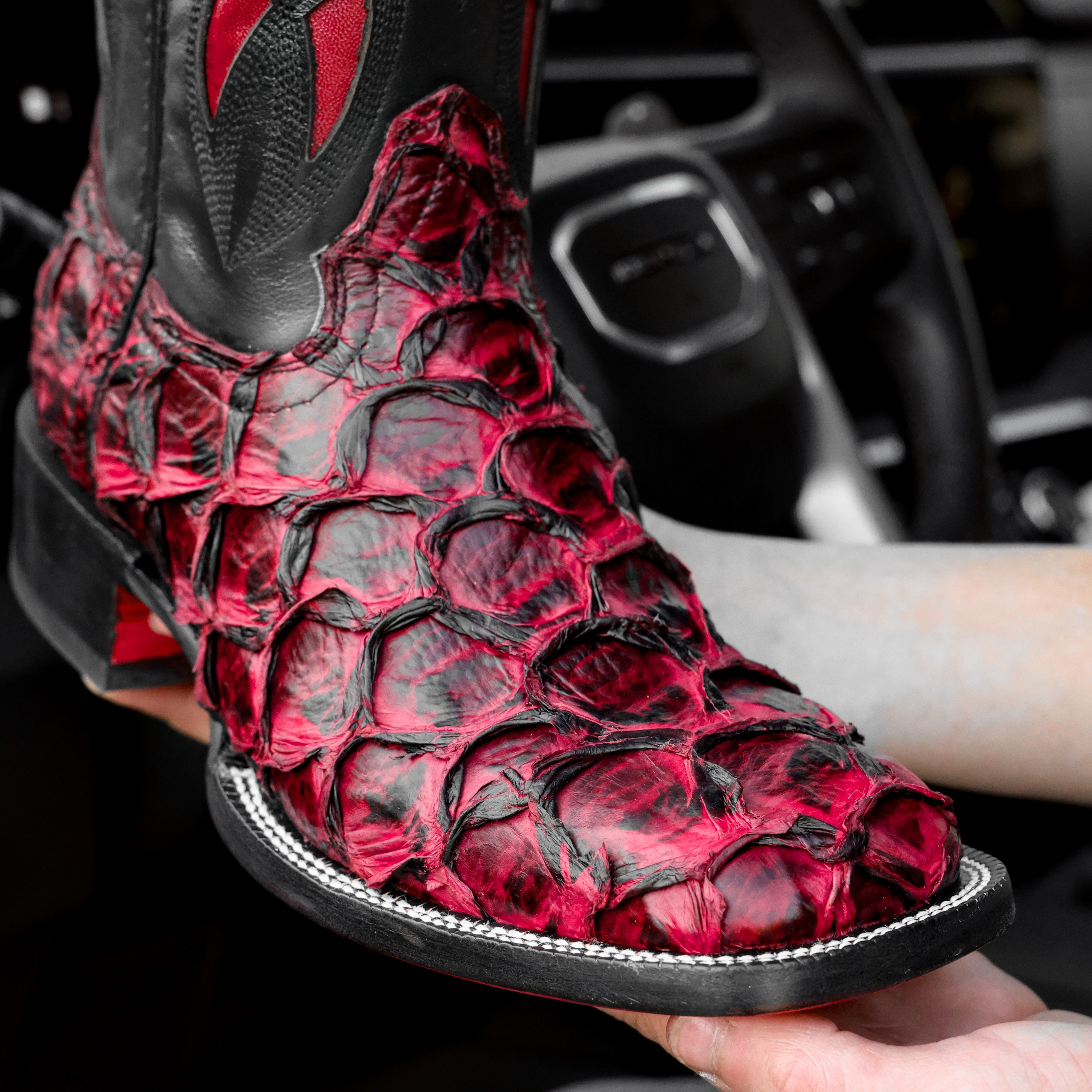 Genuine Black Cherry Pirarucu Boots - Square Toe