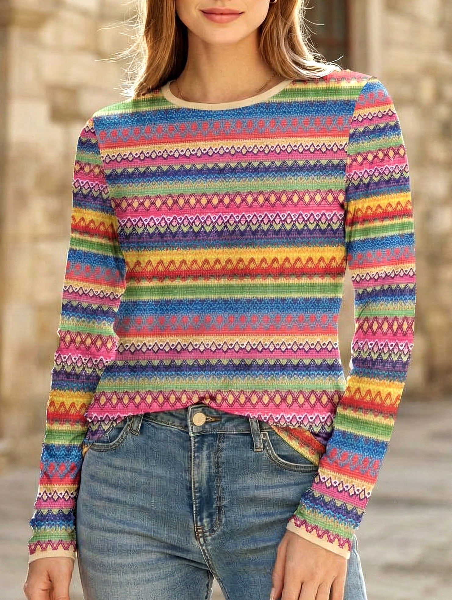 Colorful Stripe Long Sleeve Casual Tee_CWTTL01222