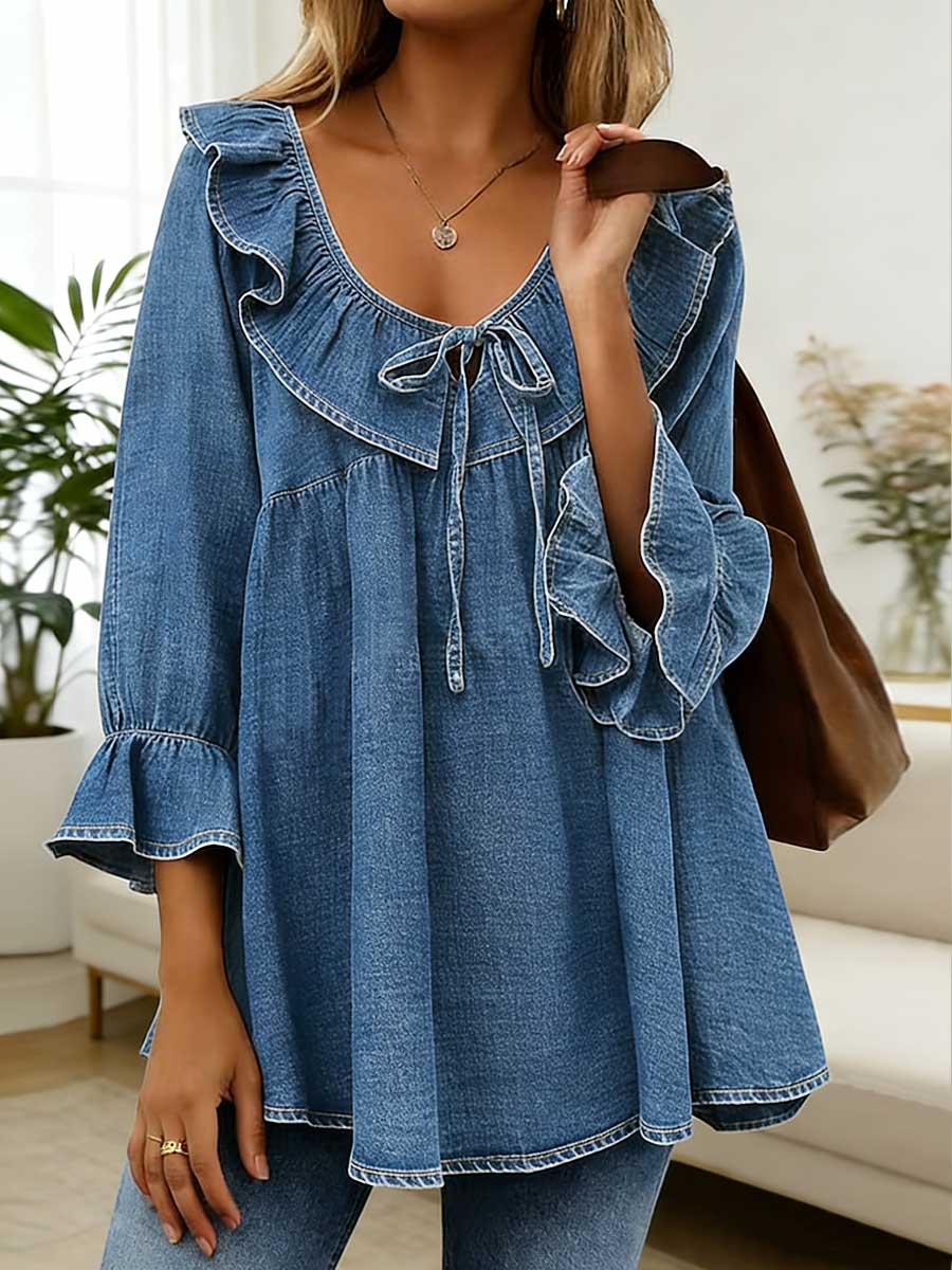 Women's Ruffled V-neck 3/4sleeved Loose-fitting Denim Top