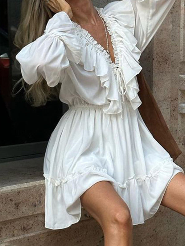 Deep V-Neck Design Smocked Trumpet Sleeves Ruffled White Waist Dress