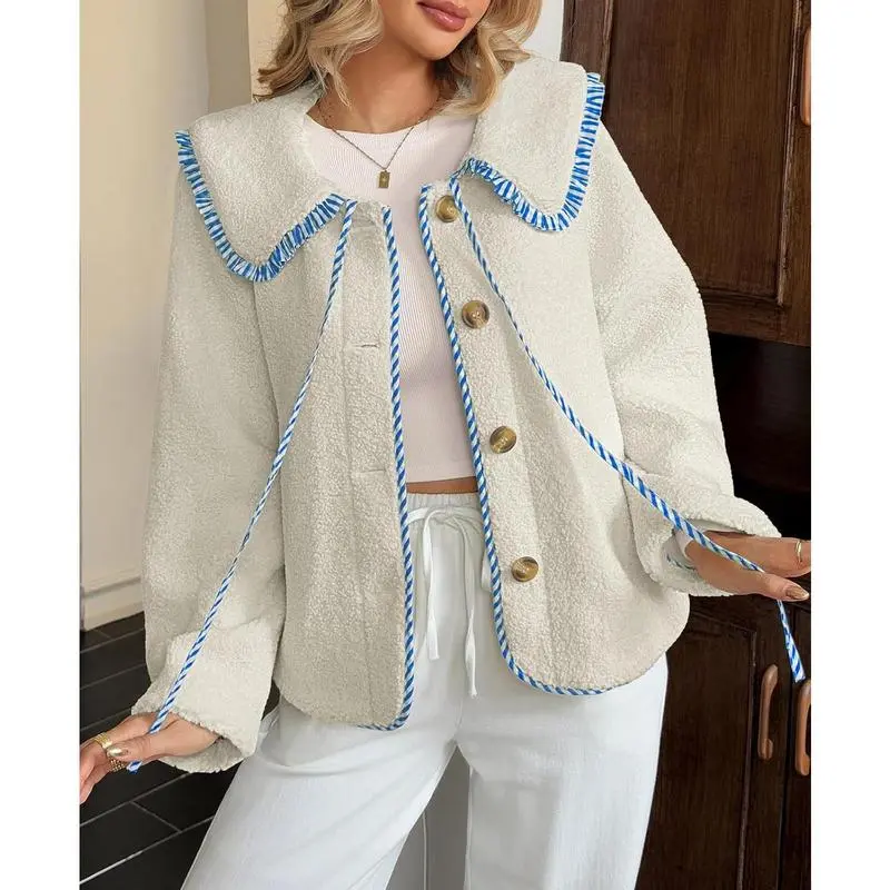 Womens Fuzzy Fleece Jacket Peter Pan Collar Button Down Fall Winter Sherpa Coats
