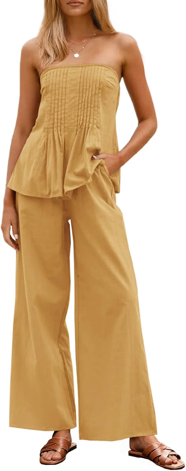 Women's 2 Piece Outfits Summer Strapless Tube Tops Wide Leg Pants Cotton Vacation Pleated Matching Lounge Set